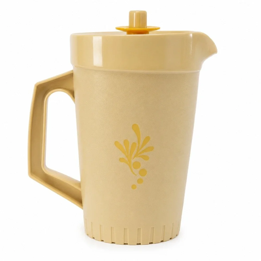VTG Tupperware 2qt Pitcher 874-7 Push Button Lid Floral Sunburst Almond Beige